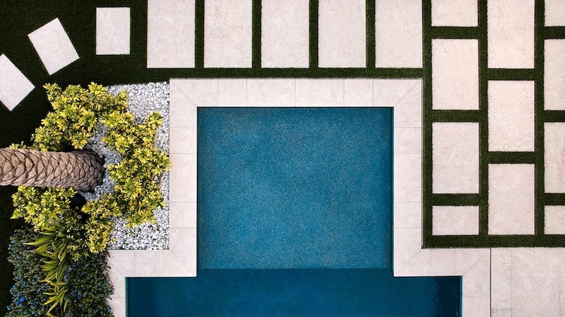 Aerial view of pool and lanscaping