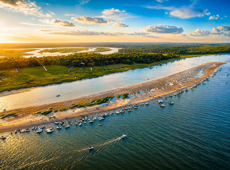 Boats gathered at Lowcountry sandbar during low tide
