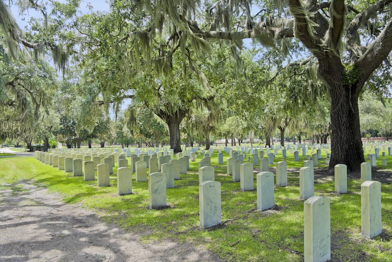 Rows of white headstones beneath live oaks at Beaufort National Cemetery