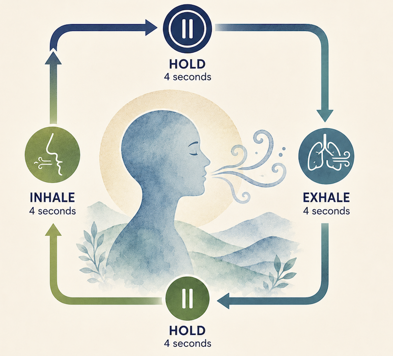 Illustration demonstrating the box breathing meditation technique with four-second intervals