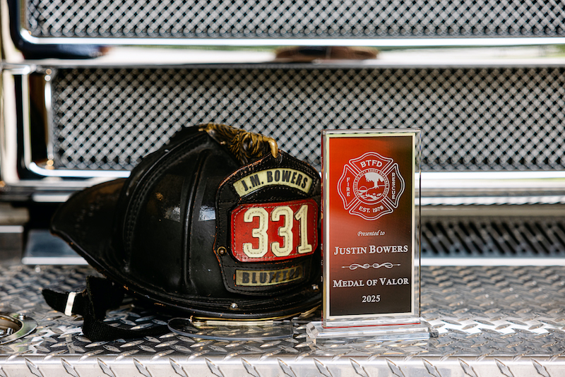 Justin Bowers Bluffton firefighter 2025 Medal of Valor recipient helmet