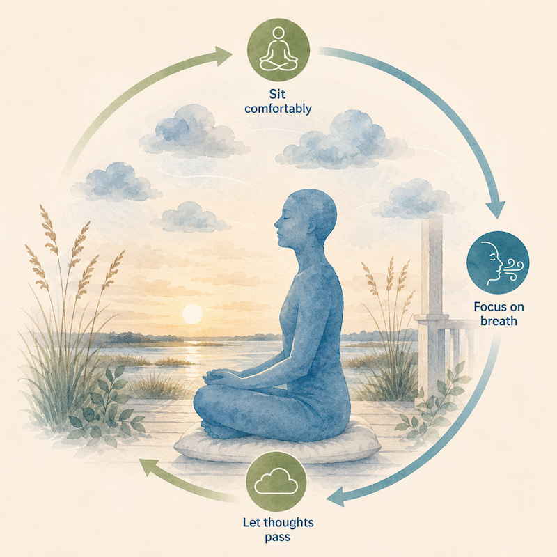 Illustration showing mindfulness meditation focused on breath awareness and letting thoughts pass