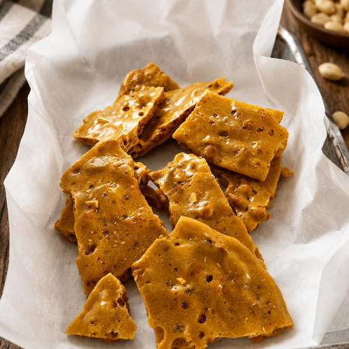 Homemade peanut brittle broken into crisp golden pieces