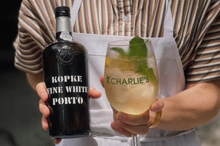 White Port and Tonic cocktail with lemon and fresh mint garnish