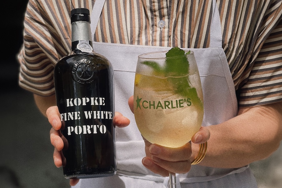 White Port and Tonic cocktail with lemon and fresh mint garnish