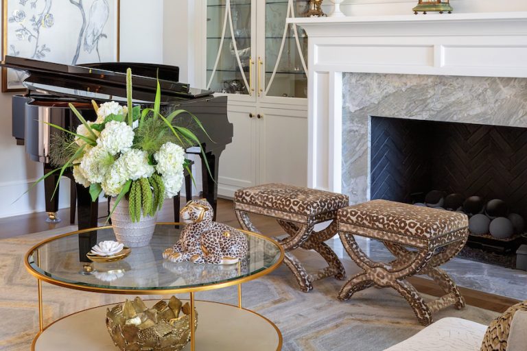 cheetah ceramic inspired this elegant living room and Palmetto Bluff home by Kelly Caron Designs