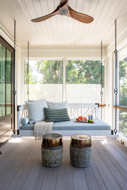 custom chaise swing for exterior of elegant Palmetto Bluff home by Kelly Caron Designs