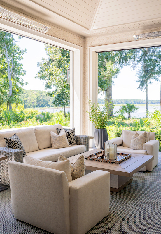 outdoor living space patio for exterior of elegant Palmetto Bluff home by Kelly Caron Designs