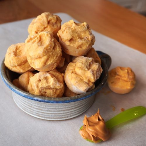Homemade frozen pumpkin peanut butter dog treats served in a bowl beside a Boykin Spaniel.