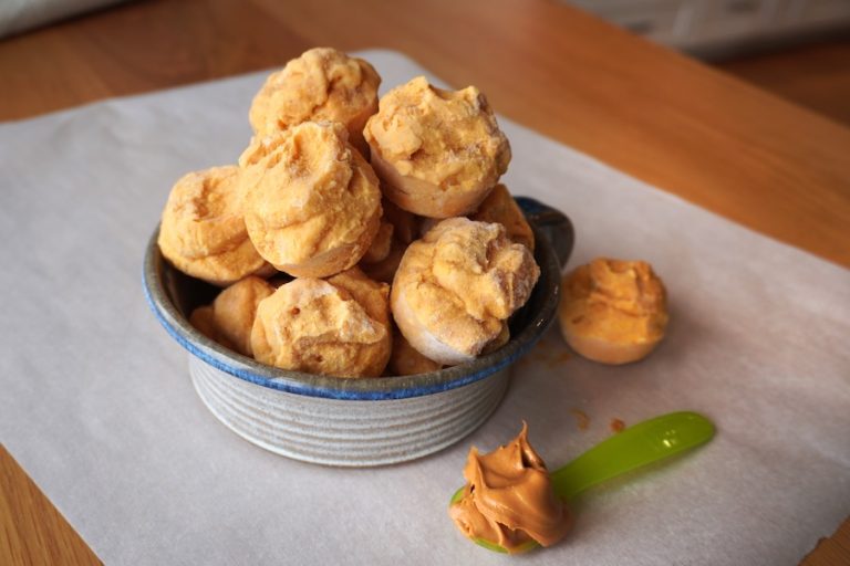 Homemade frozen pumpkin peanut butter dog treats served in a bowl beside a Boykin Spaniel.