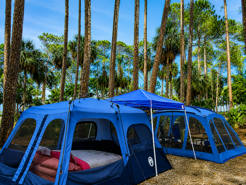 Tent campsite at Hunting Island State Park for a Lowcountry camping getaway.