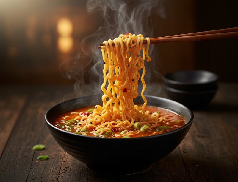 Hot steaming ramen noodles in spicy broth with vegetables, captured in a rustic setting. Perfect for Asian food, comfort meal, restaurant, and culinary concept.