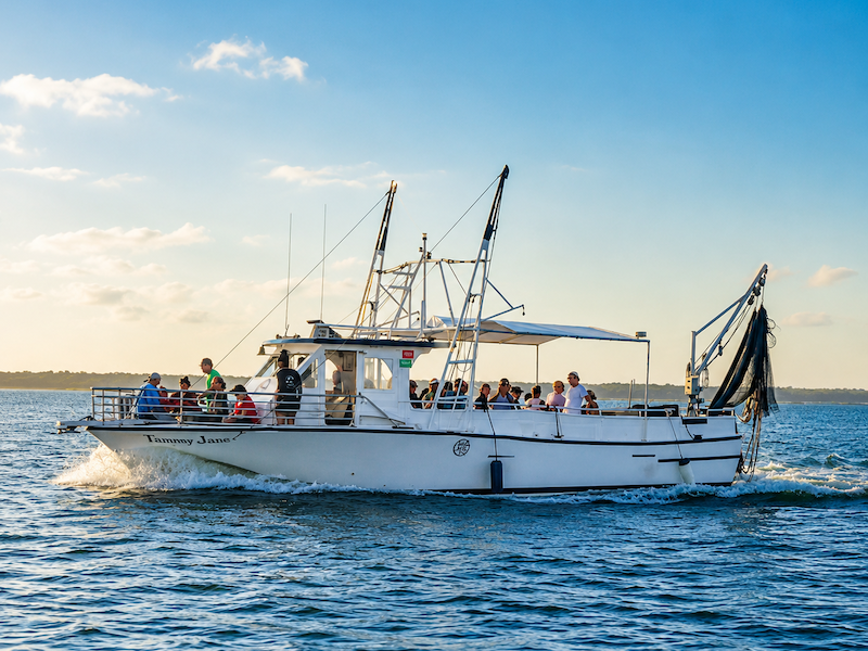 Shrimp boat on the water during a shrimp trawling expedition from Harbour Town on Hilton Head Island.