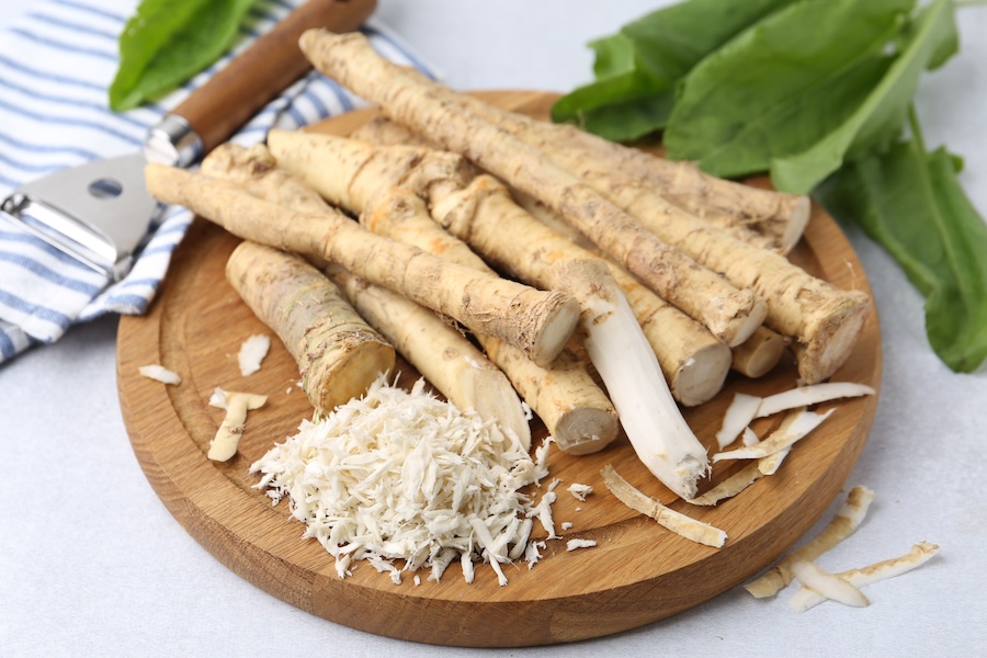 Fresh horseradish roots with grated horseradish ready to use in sauces, seafood dishes and other recipes.