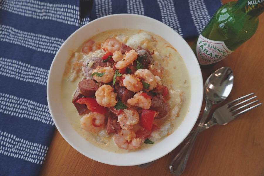 Lowcountry shrimp and grits with local shrimp, smoked sausage, peppers and spicy hot pepper cream sauce.