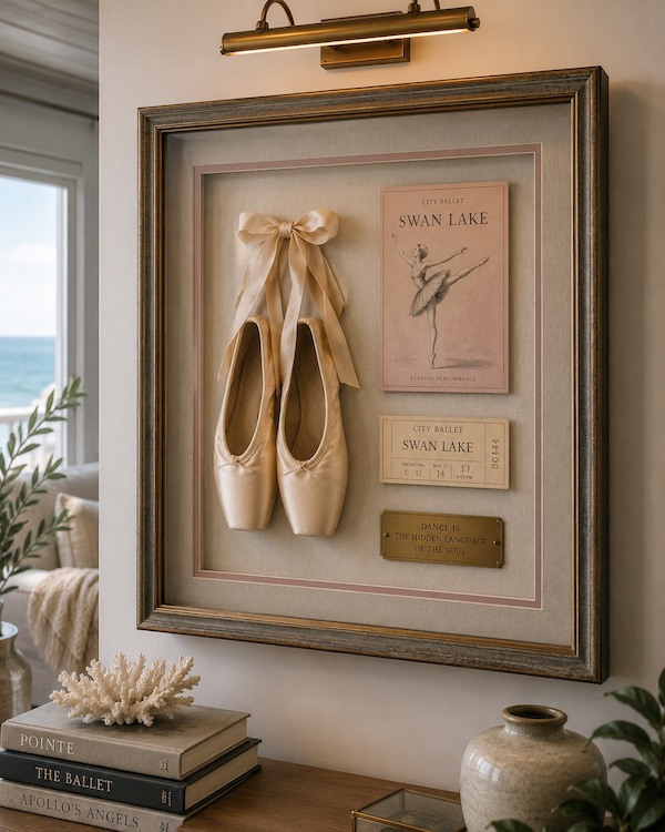 Ballet slippers and show program framed as wall art