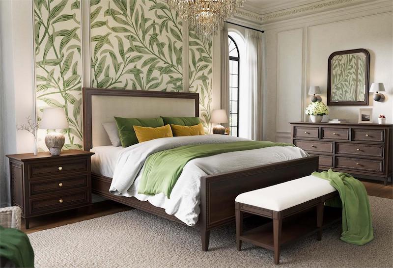 Bramble and company Vivienne collection upholstered king bed with green and yellow pillows