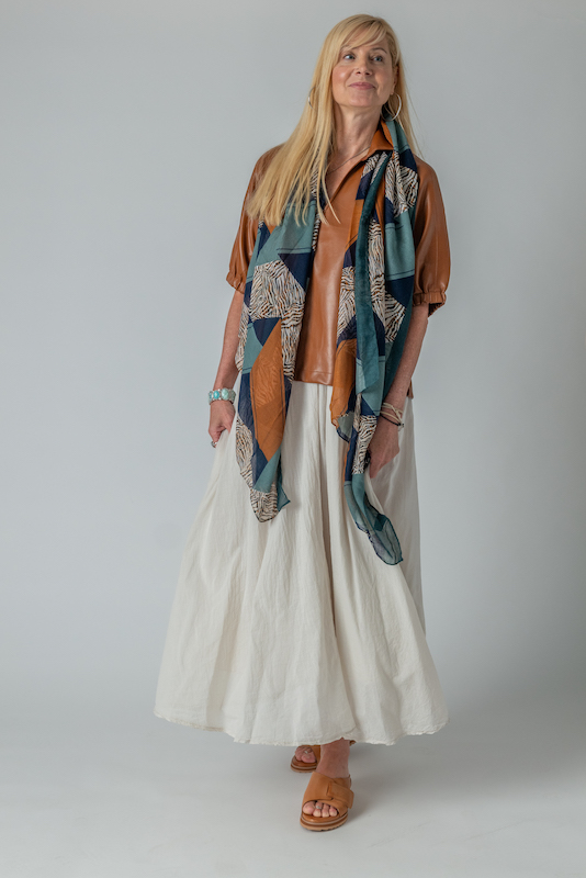 Caramel blouse from Evelyn & Arthur worn over Outside Hilton Head Dress