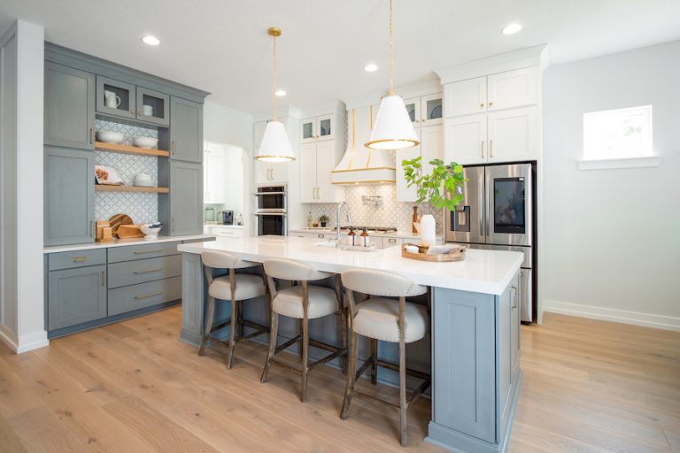 Coastal inspired kitchen with blue and white paint finishes