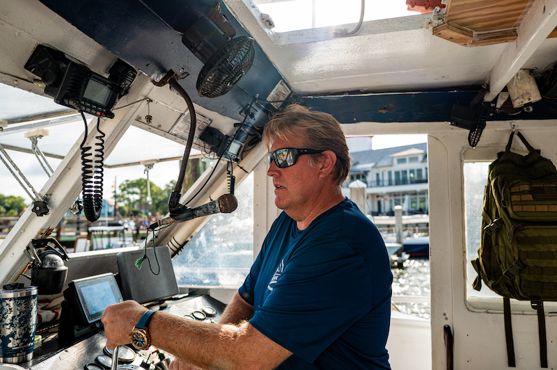 John Gerdes at the helm of the Tammy Jane shrimp boat