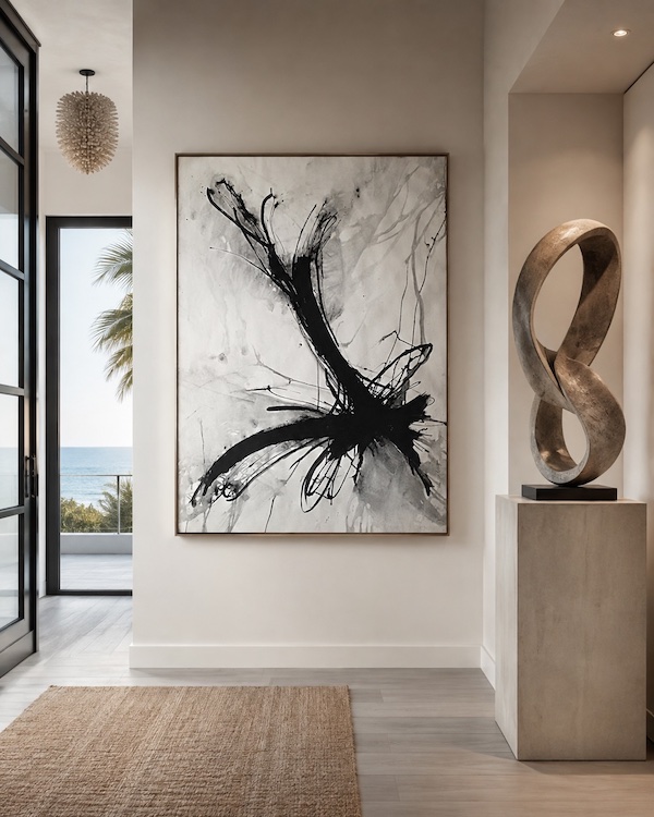Large abstract painting on wall next to sculpture in home