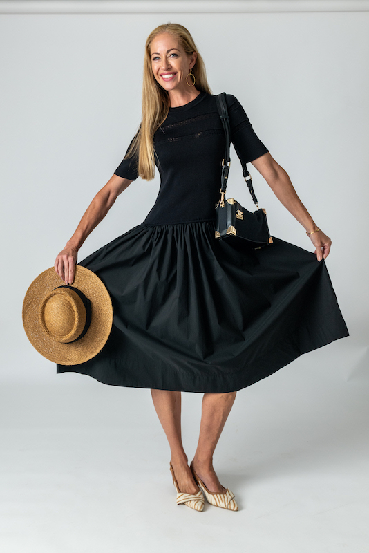 Maggie & Me drop-waist dress, straw hat, purse and shoes