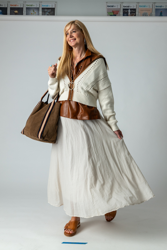 Palmettoes sweater worn over Outside Hilton Head Dress with The Back Door suede tote