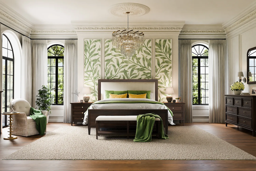 Peaceful and polished bedroom from the Bramble company with Vivienne collection furniture