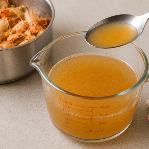Fresh homemade shrimp stock made from leftover shrimp shells and onion.