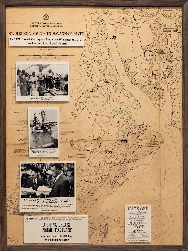 Historical display documenting the Hilton Head Fishing Cooperative’s 1970 shrimp boat journey to Washington, D.C.