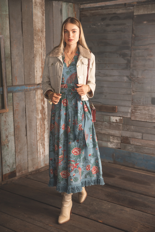 Spartina 449 maxi dress and textured cream jacket with shearling collar