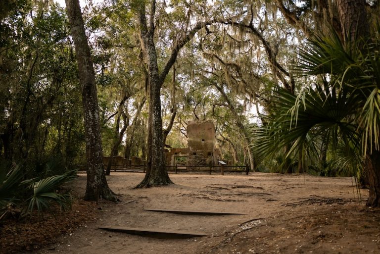 Tabby ruins surrounded by live oaks and Spanish moss at the Stoney-Baynard site in Sea Pines
