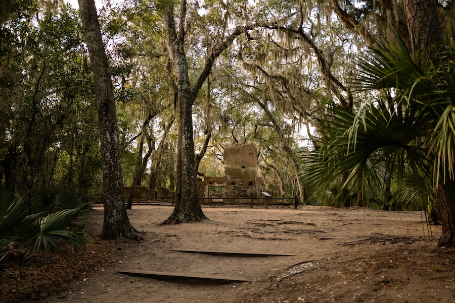 Tabby ruins surrounded by live oaks and Spanish moss at the Stoney-Baynard site in Sea Pines