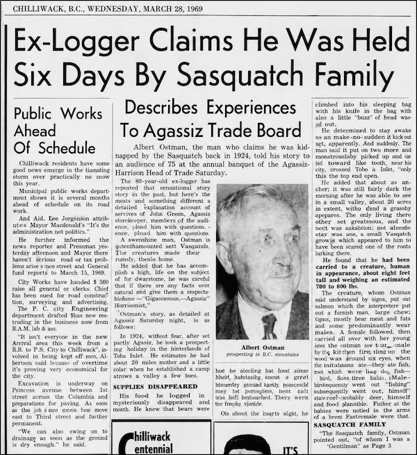 Newspaper clipping recounting Albert Ostman’s claim of being held by a Sasquatch family