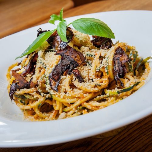 Black garlic pasta with shiitake mushrooms, zucchini, Parmesan and fresh basil