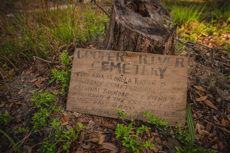Weathered Cooper River Cemetery marker on Daufuskie Island