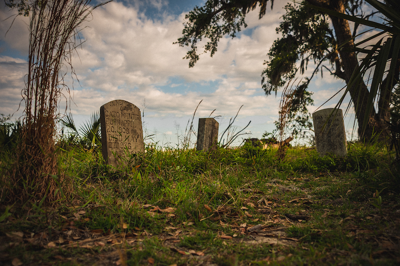 Historic gravestones beneath trees at Cooper River Cemetery on Daufuskie Island