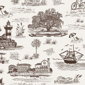 Neutral toile wallpaper pattern featuring Lowcountry-inspired scenes and illustrations