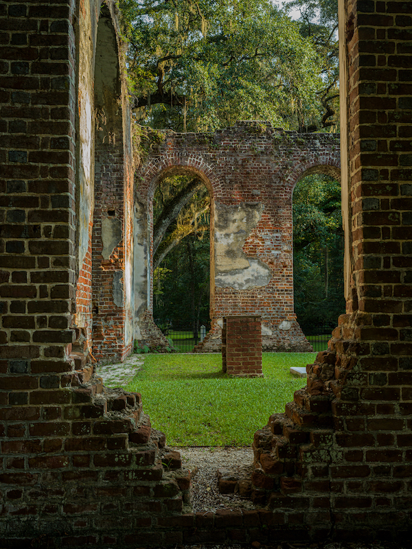 View through the brick arches of Old Sheldon Church Ruins