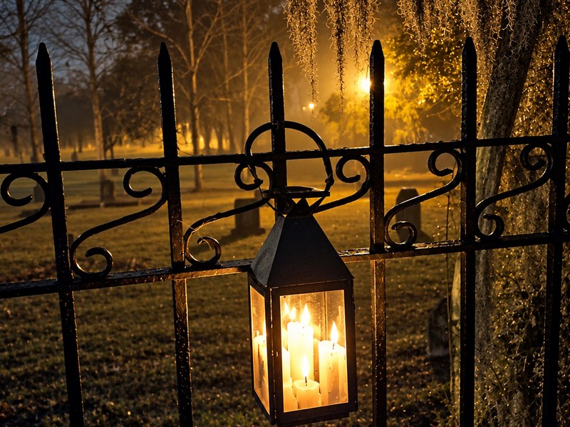 Glowing lantern beside an iron fence at night