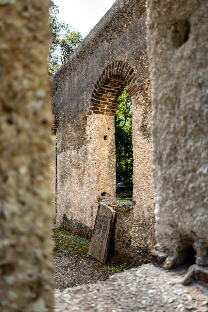 Weathered tabby wall and arched window at the Chapel of Ease ruins on St. Helena Island