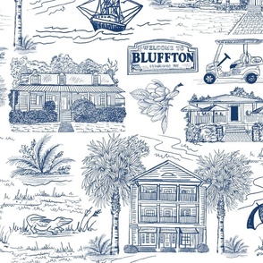 Blue toile pattern featuring Bluffton landmarks and Lowcountry-inspired illustrations