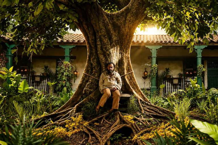 Man seated beneath a massive tree in a courtyard in Netflix’s adaptation of One Hundred Years of Solitude