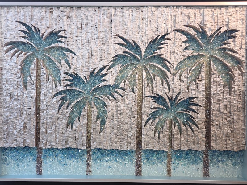Mixed-media palm tree artwork made with painted cork and glass mosaic