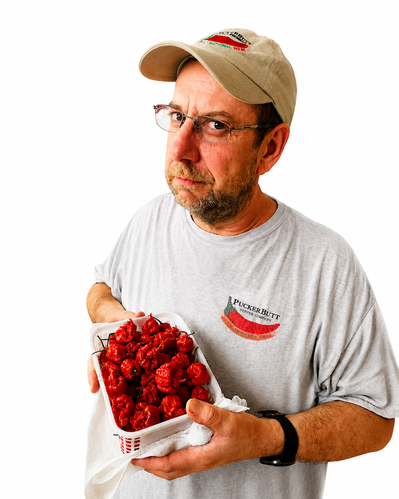 Pepper breeder Ed Currie holding a container filled with red Carolina Reaper peppers.