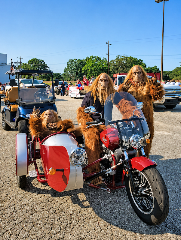 Costumed Bigfoot characters riding a motorcycle and sidecar at the South Carolina Bigfoot Festival