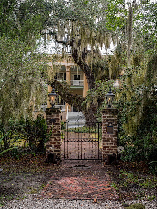 Gated entrance to the Castle surrounded by trees and Spanish moss in Beaufort