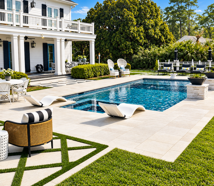 Rose Hill backyard plunge pool with porcelain paver deck, white loungers and black-and-white outdoor furnishings