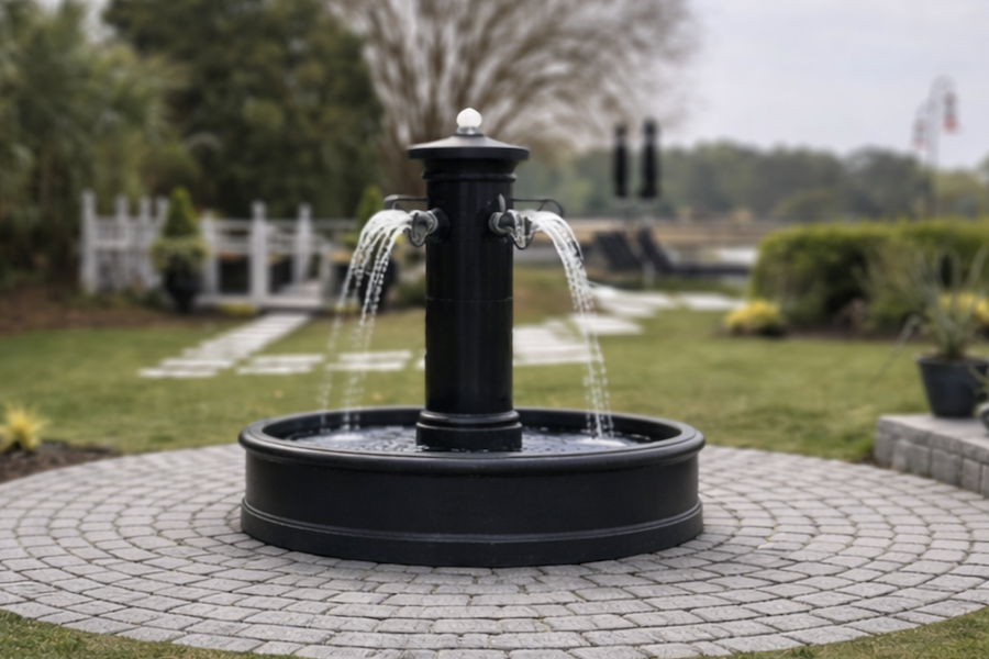 Fountain in Rose Hill backyard transformation by Earthworks