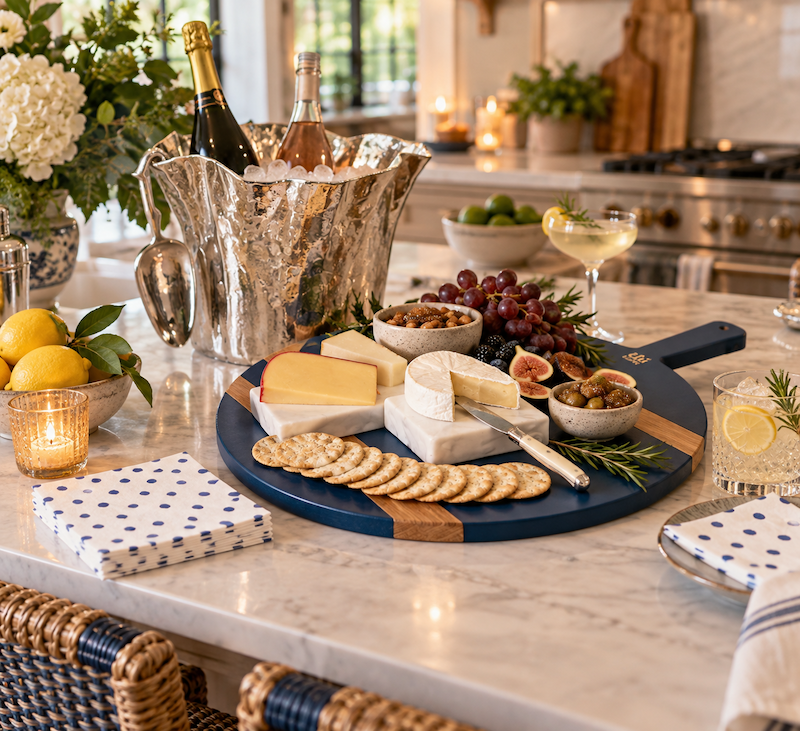 Cheese board, crackers, olives and drinks arranged on a kitchen island for casual entertaining